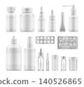 3d blank pharmaceutical medical packaging container for supplement, spray bottle for drugs. Mockup of clean pack for medicament. Vector illustration set for package design with empty place for label. 140526865