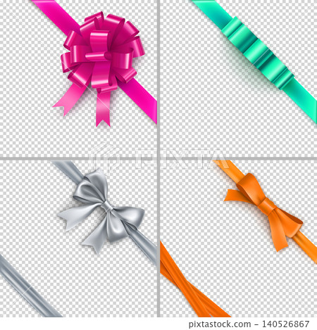 Colorful gift bows from satin tape isolated on transparent background. Realistic decoration for holidays presents. Lovely layouts for festive congratulation with shiny silk ribbon vector illustration. Colorful gift bows from satin tape isolated on transparent background. Realistic decoration for holidays presents. Lovely layouts for festive congratulation with shiny silk ribbon vector illustration. 140526867