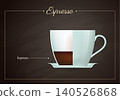 Espresso coffee drink recipe. Cup of hot tasty caffeine gourmet beverage on blackboard. Restaurant or cafe drinks menu flat design vector illustration. 140526868