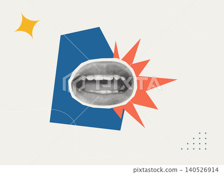 Trendy Halftone Collage of a mouth speaking with an orange star burst on a blue canvas, representing expressing ideas and voice communication. Perfect for podcast, marketing, and public speaking conte 140526914