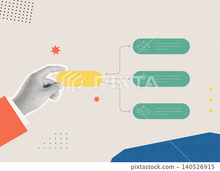 Multi Output Generation Concept, Hand Holding Prompt Connected to Three AI Robot Response Boxes Halftone Collage Illustration Multi Output Generation Concept, Hand Holding Prompt Connected to Three AI Robot Response Boxes Halftone Collage Illustration 140526915