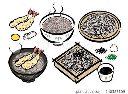 Zaru soba and hot soba with colorful toppings Zaru soba and hot soba with colorful toppings 140527109