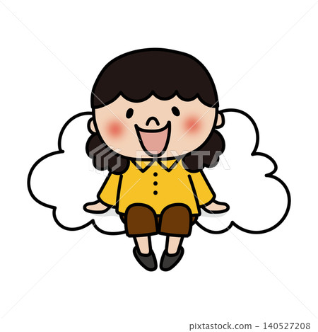 A fluffy, curly-haired child (girl) riding on a cloud. A fluffy, curly-haired child (girl) riding on a cloud. 140527208