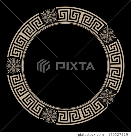 Round greek frame with floral ornament on black background. Round frame gold Greek key meander pattern, floral rosettes. Classic antique border. For textile, embroidery, porcelain, plate  140527219