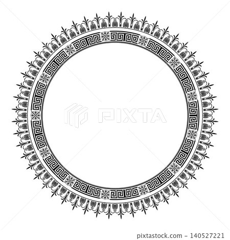 Greek key meander pattern with floral rosettes. Round lace pattern in oriental style with arabesques, floral elements. Greek key meander border. For textile, embroidery, porcelain, plate Greek key meander pattern with floral rosettes. Round lace pattern in oriental style with arabesques, floral elements. Greek key meander border. For textile, embroidery, porcelain, plate 140527221