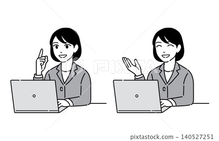Illustration of a woman in a suit giving instructions on a computer - Set 15 Illustration of a woman in a suit giving instructions on a computer - Set 15 140527251