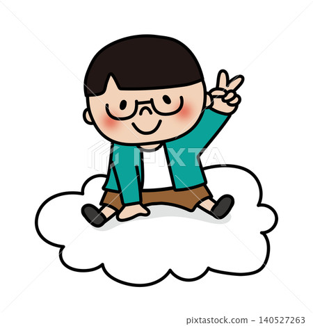 一個戴著眼鏡、有著柔順頭髮的男孩正騎在雲朵上。 一個戴著眼鏡、有著柔順頭髮的男孩正騎在雲朵上。 140527263