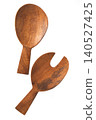Wooden salad servers set with spoon and fork isolated on white background. Top view of eco kitchen utensils. 140527425