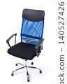 Ergonomic blue mesh office chair isolated on white background. Modern high-back desk armchair with armrests. 140527426