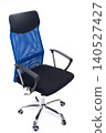 Ergonomic blue mesh office chair isolated on white background. Modern high-back desk armchair with armrests. 140527427
