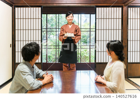 Female staff, waitresses, and proprietresses who serve Japanese tea to guest rooms occupied by couples at inns and restaurants. Female staff, waitresses, and proprietresses who serve Japanese tea to guest rooms occupied by couples at inns and restaurants. 140527616