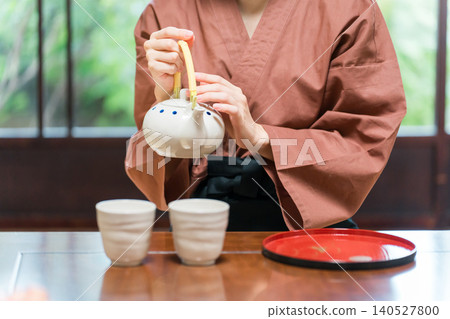 客棧和餐廳裡的女服務生、女招待和女老闆用茶壺泡茶。 客棧和餐廳裡的女服務生、女招待和女老闆用茶壺泡茶。 140527800