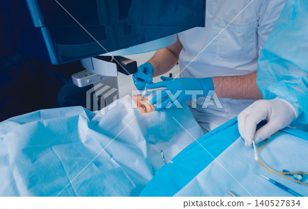Laser vision correction. A patient and team of surgeons in the operating room during ophthalmic surgery. Eyelid speculum. Lasik treatment. Laser vision correction. A patient and team of surgeons in the operating room during ophthalmic surgery. Eyelid speculum. Lasik treatment. 140527834