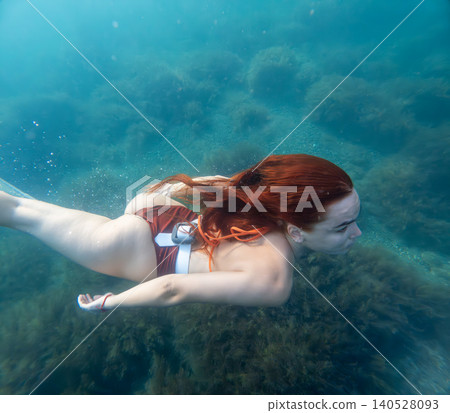 Freediving redhead underwater woman with long red hair dives through a clear blue sea above the ocean floor to explore marine life 140528093