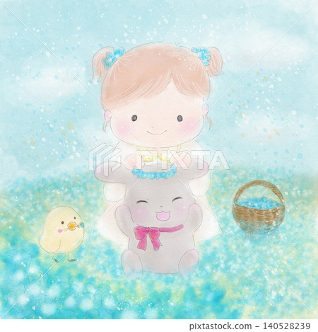A girl making a flower crown in a field of nemophila, along with a rabbit and a chick. A girl making a flower crown in a field of nemophila, along with a rabbit and a chick. 140528239