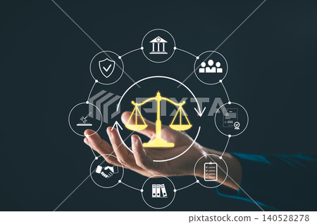 Lawyer provides legal justice law services and advice on legislation, showcasing human hand holding glowing scales icon surrounded by professional symbols for corporate litigation agreement 140528278