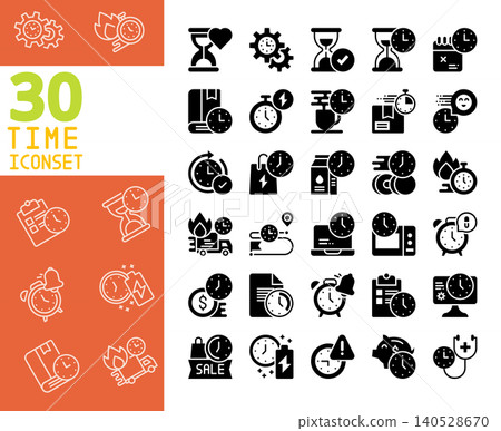 30 Time management and schedule solid icons vector. 30 Time management and schedule solid icons vector. 140528670