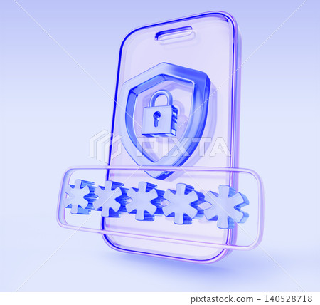 Hologram glass 3d smartphone with asterisk password, shield and lock. Mobile phone icon with PIN code or graphic key for authentication. Personal data protection, security technology. 3D illustration Hologram glass 3d smartphone with asterisk password, shield and lock. Mobile phone icon with PIN code or graphic key for authentication. Personal data protection, security technology. 3D illustration 140528718