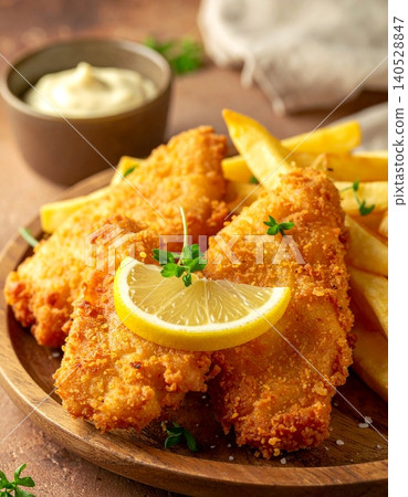 Golden brown fish fillets sit atop a bed of crispy fries Golden brown fish fillets sit atop a bed of crispy fries 140528847