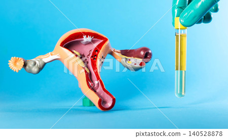 A lab technician's hand, wearing a medical glove, holds a test tube of urine against a blue background featuring a model of the female genitourinary system. Concept of urine culture for infections, 140528878