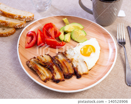 Fried pork slices with fried egg, sliced avocado and tomato 140528906