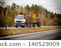 White logging truck transports timber on highway through forest with autumn foliage under cloudy sky, showcasing industrial activity and transportation of natural resources during fall season 140529009