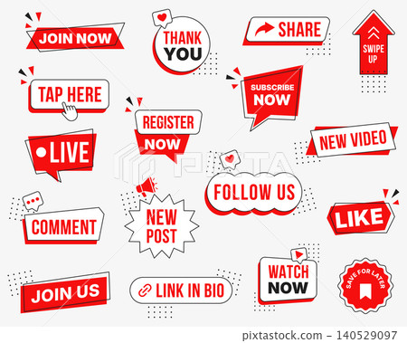 Social media call to action badge set with subscribe now, follow us, join now, watch now, like, comment, share, swipe up and link in bio labels, flat vector illustration for promotion Social media call to action badge set with subscribe now, follow us, join now, watch now, like, comment, share, swipe up and link in bio labels, flat vector illustration for promotion 140529097