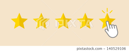 Five star rating click illustration with hand pointer pressing last yellow star on beige background, customer feedback concept for online review, service quality, satisfaction, app interface 140529106