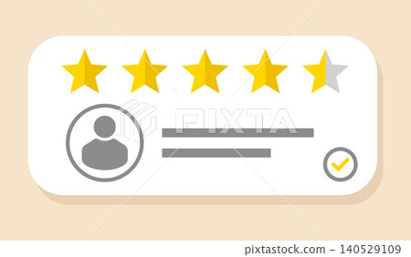 Verified customer review card illustration with four and half star rating, user avatar, text lines and check mark badge on beige background, clean flat vector design for feedback and service quality Verified customer review card illustration with four and half star rating, user avatar, text lines and check mark badge on beige background, clean flat vector design for feedback and service quality 140529109