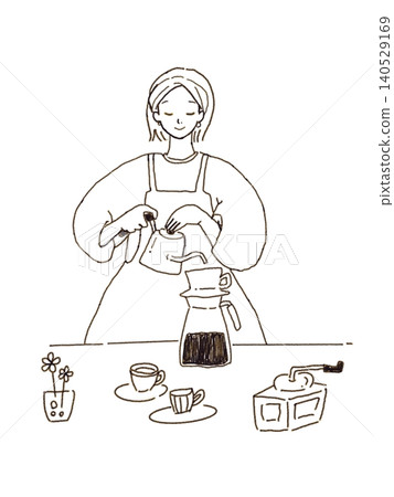 A line drawing illustration of a woman brewing hand-drip coffee. A line drawing illustration of a woman brewing hand-drip coffee. 140529169