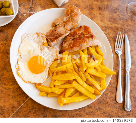 Fried pork with potatoes and fried eggs on plate Fried pork with potatoes and fried eggs on plate 140529178