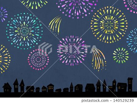House silhouettes and colorful, paper-cut style fireworks House silhouettes and colorful, paper-cut style fireworks 140529239