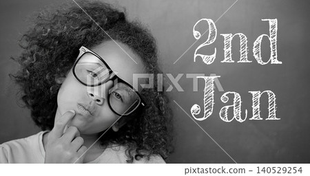 Composite of 2nd jan scribbled text and portrait of girl wearing eyeglasses thinking 140529254