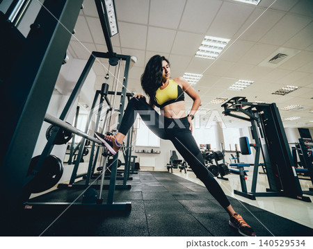 Beautiful athletic young woman making exercise at the gym. Young woman with muscular body. Beautiful athletic young woman making exercise at the gym. Young woman with muscular body. 140529534