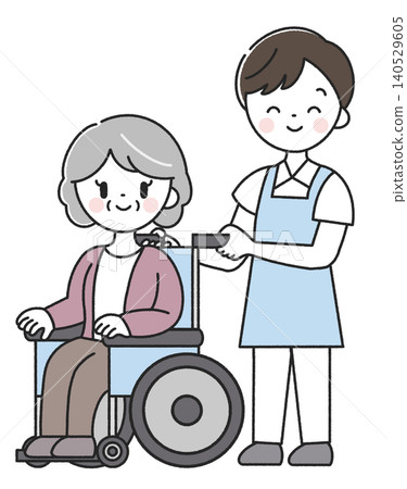 An elderly woman in a wheelchair and a male care worker An elderly woman in a wheelchair and a male care worker 140529605
