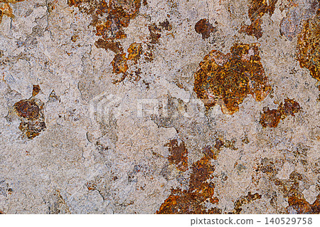 The background of an old metal sheet, a layer of hardened mortar stuck to it, through which rusty red areas of iron oxide appear. Building Materials, Weathering, Wear Protection The background of an old metal sheet, a layer of hardened mortar stuck to it, through which rusty red areas of iron oxide appear. Building Materials, Weathering, Wear Protection 140529758