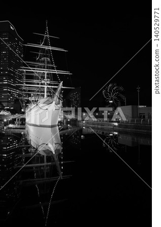 Sailing ship Nippon Maru Memorial Park - Reserved exhibit, black and white night view 2 Sailing ship Nippon Maru Memorial Park - Reserved exhibit, black and white night view 2 140529771