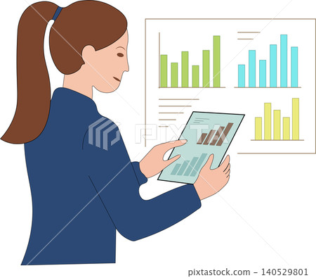 Businesswoman holding digital tablet analyzing financial growth bar charts vector illustration Businesswoman holding digital tablet analyzing financial growth bar charts vector illustration 140529801