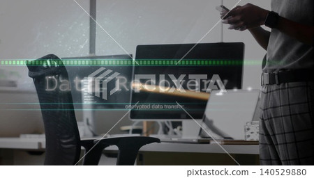 Checking smartphone, man in short-sleeve top at office, monitors, Data Recovery overlay, copy space 140529880