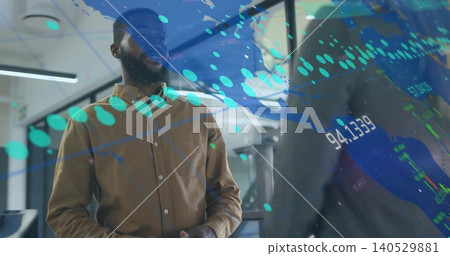 Standing man in neutral shirt facing woman in dark blazer, glass room digital-overlay, copy space 140529881