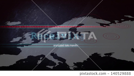 Displaying stylized Europe map pulsing on cyber HUD, showing Receiving overlay and encrypted data Displaying stylized Europe map pulsing on cyber HUD, showing Receiving overlay and encrypted data 140529888