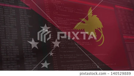 Displaying PNG flag motif merging with code on screen, showing gold bird, five stars, terminals Displaying PNG flag motif merging with code on screen, showing gold bird, five stars, terminals 140529889