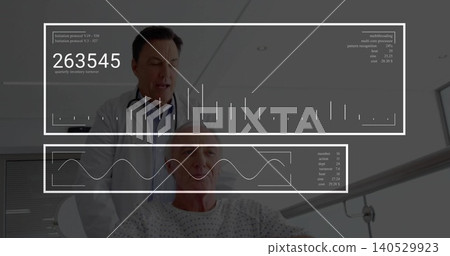 Examining doctor wearing lab coat checking patient in hospital gown in clinic, with stethoscope HUD Examining doctor wearing lab coat checking patient in hospital gown in clinic, with stethoscope HUD 140529923