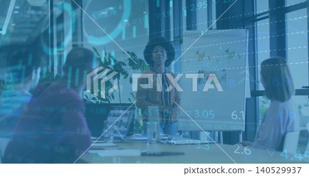 Leading curly woman wearing blouse pointing to flipchart in meeting room, laptop and data overlays Leading curly woman wearing blouse pointing to flipchart in meeting room, laptop and data overlays 140529937