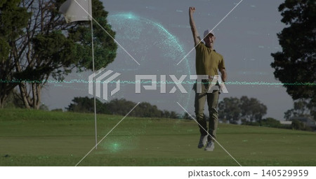 Jumping golfer celebrating in olive polo on green near pin, with putter, teal overlay, copy space Jumping golfer celebrating in olive polo on green near pin, with putter, teal overlay, copy space 140529959