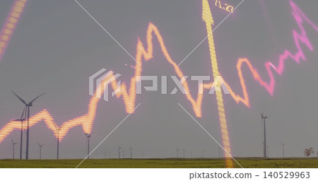 Displaying wind turbines turning across grassland horizon, with neon chart line and distant tree Displaying wind turbines turning across grassland horizon, with neon chart line and distant tree 140529963
