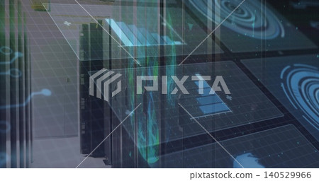 Displaying server racks in data center projecting holographic UI, waterfall data, LED lights Displaying server racks in data center projecting holographic UI, waterfall data, LED lights 140529966