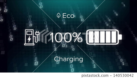 Displaying centered UI cluster showing 100% battery with charging station and Eco leaf on dark grid Displaying centered UI cluster showing 100% battery with charging station and Eco leaf on dark grid 140530042