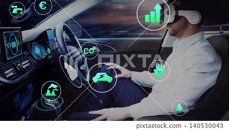 Sitting man wearing VR or AR headset, white shirt, dark trousers, viewing holo UI in car, copy space Sitting man wearing VR or AR headset, white shirt, dark trousers, viewing holo UI in car, copy space 140530043