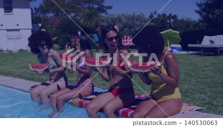 Sitting four women laughing, holding watermelon slices at backyard pool, wearing colorful swimsuits Sitting four women laughing, holding watermelon slices at backyard pool, wearing colorful swimsuits 140530063